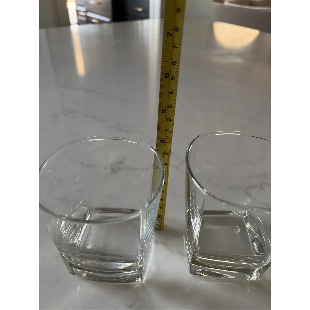 2 Modern Square Base Whiskey Glasses Heavy Bottom Rocks Tumblers- Not Same! Read
